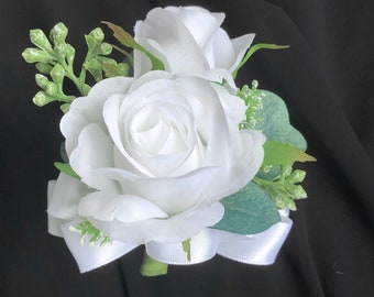 Corsages for Wedding | Pure White Double Rose Corsage with Eucalyptus