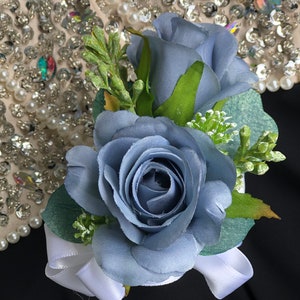 DUSTY BLUE Corsages for Wedding | Double Rose Corsage with Eucalyptus