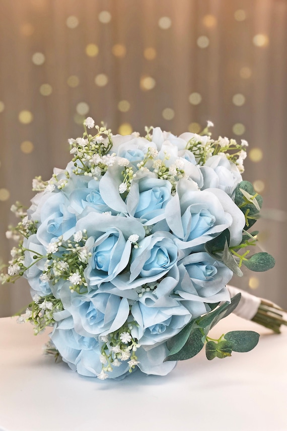 Light Blue Wedding Bouquet Bridesmaid Bouquet Bridal Bouquet Rose Baby s Breath Eucalyptus Greenery large