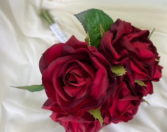 Red Rose Wedding Bouquet: Petite Satin Ribbon Flower Girl Toss Bouquet (small)