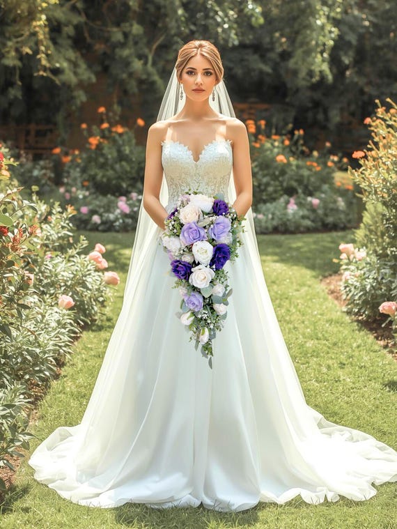 bridal bouquet for ivory wedding dress Silk Rose Cascade Bouquet: Purple Lavender White Kandy