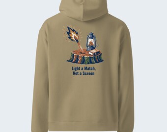 Campfire Quote Hoodie, “Light a Match, Not a Screen” Back Print, Chest Logo, Relaxed Brushed Fleece - Verkho Outline