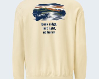 Hiking Quote Crewneck Sweatshirt, “Dusk Ridge, Last Light, No Hurry” Back Print, Chest Logo, Garment-Dyed Cotton Fleece - Verkho Outline