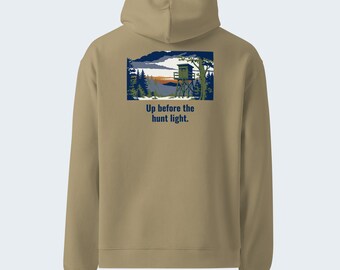 Early Hunting Quote Hoodie, “Up Before the Hunt Light” Back Print, Chest Logo, Relaxed Brushed Fleece - Verkho Outline