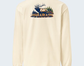 Fall Elk Wildlife Art Long Sleeve T-Shirt, Back Print, Chest Logo, Heavyweight Cotton - Verkho Mixed Case