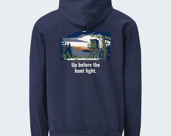 Early Hunting Quote Hoodie, True Navy, “Up Before the Hunt Light” Back Print, Chest Logo, Garment-Dyed Heavyweight Fleece - Verkho Outline