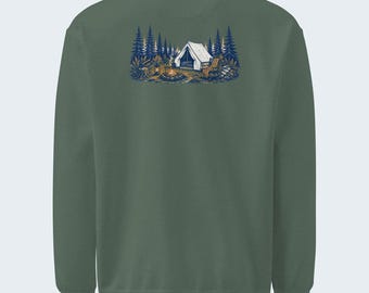 Camp Tarp Camping Art Crewneck Sweatshirt, Back Print, Chest Logo, Garment-Dyed Heavyweight Fleece - Verkho Condensed Rule