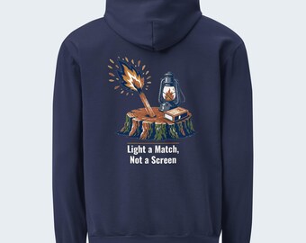 Campfire Quote Hoodie, True Navy, “Light a Match, Not a Screen” Back Print, Chest Logo, Garment-Dyed Heavyweight Fleece - Verkho Outline