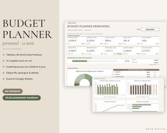 12-Month Excel Budget Planner in French | Automatic Financial Dashboard | Track Expenses, Savings, and Debt | Google Sheets