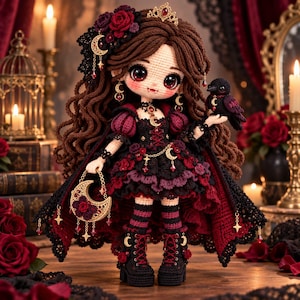 May include: A handcrafted crochet doll with long brown hair, wearing a black and dark red layered dress, a cape, and lace-up boots. The doll features a small crown, crescent moon accessories, and holds a small black bird in one hand and a crescent moon-shaped purse in the other.