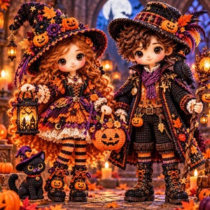 May include: Two crocheted dolls dressed in Halloween attire. The left doll has long wavy hair, a pointed hat with pumpkins, and holds a lit lantern. The right doll wears a dark coat, a hat with feathers, and holds a staff. A small black cat sits nearby.