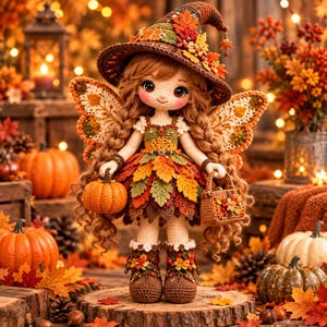 May include: A crocheted doll with long wavy hair wearing a pointed hat, a dress adorned with autumn leaves, and boots. The doll features fairy wings, holds a small orange pumpkin in one hand, and carries a matching woven basket in the other.