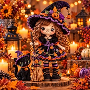 May include: A crocheted doll with long wavy brown hair wearing a black witch hat and dress with orange and purple accents. The doll holds a broomstick with a small pumpkin charm. Beside the doll sits a black crocheted cat wearing a purple hat.
