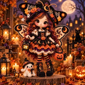 May include: A crocheted doll with long wavy hair wearing a black witch hat and dress with orange and purple accents, featuring butterfly-like wings, holding a glowing black cat lantern and a pumpkin basket, accompanied by a small ghost figure.