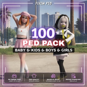 Può includere: Un pacchetto di personaggi digitali intitolato FIVEM PED 100 PED PACK BABY & KIDS & BOYS & GIRLS con due avatar di bambini stilizzati. Uno indossa un basco rosa, un top corto bianco e una gonna rosa. L'altro indossa un vestito nero, colletto bianco.