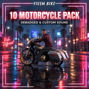Puede incluir: Un gráfico digital que muestra una motocicleta con un conductor, etiquetado FIVEM BIKE 10 MOTORCYCLE PACK DEBADGED & CUSTOM SOUND. La escena muestra una motocicleta plateada en una calle urbana mojada de noche con luces de neón y palmeras.