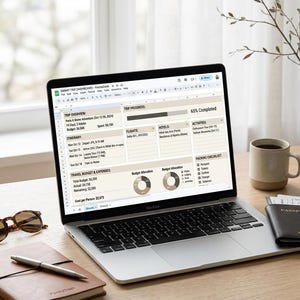 Può includere: Un computer portatile argentato mostra un foglio di calcolo per la pianificazione di viaggi intitolato SMART TRIP DASHBOARD. Lo schermo presenta sezioni per riepilogo, itinerario, budget, spese e lista bagagli. Taccuino, penna, occhiali e passaporto sono vicini.