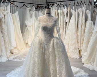 High Neck Wedding Dress, Long Sleeve Lace Bridal Gown, Ball Gown Lace Wedding Dress, Royal Vintage Bridal Dress