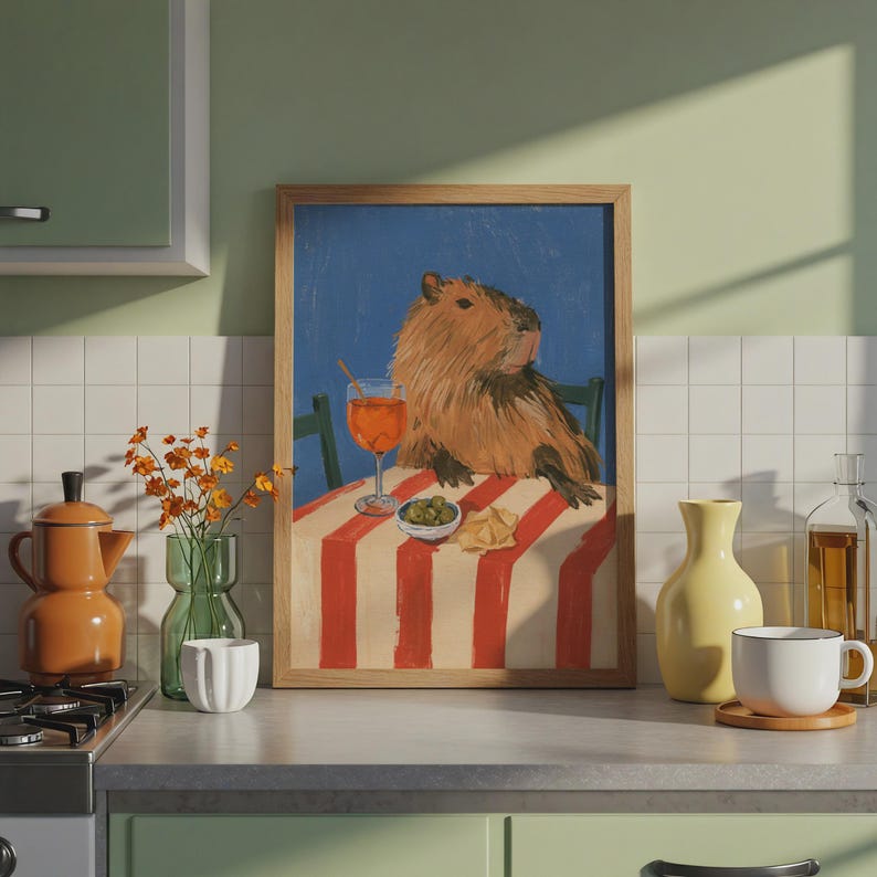 Relaxed Capybara Italian Cafe Print, Aperol Spritz Wall Art, Funny ...