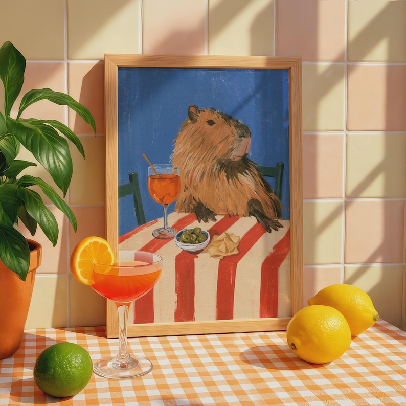 Relaxed Capybara Italian Cafe Print, Aperol Spritz Wall Art, Funny ...