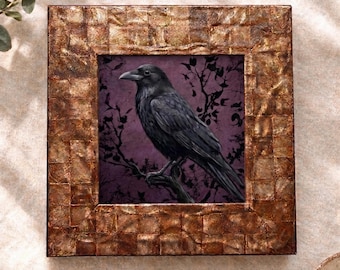 Gothic Raven Art, Dark Academia Decor, Original Oil Painting, Mysterious Bird Portrait, Unique Metal Frame Gift, Moody Wall Art
