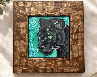 Miniature Panther Oil Painting, Framed Wildlife Art, Hand-Painted Wood Frame
