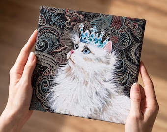 Hand-Painted Brocade Cat Art, Regal White Cat with Crown, Small Animal Wall Decor