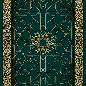 May include: A rectangular prayer mat featuring a deep forest green background with an intricate gold geometric pattern. The center displays a star-shaped motif surrounded by crescent moons, while the border is adorned with ornate gold floral filigree.
