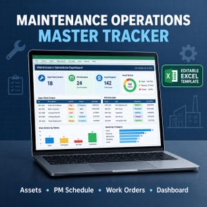 May include: A laptop displaying a Maintenance Operations Master Tracker dashboard with an editable Excel template. The screen shows open work orders, a PM schedule, asset status, and bar charts for work orders by status and assets by category.