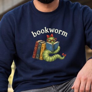 Bookworm Sweatshirt, Librarian Gift, Vintage Books and Reading Worm, Unisex Reader Crewneck