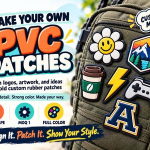 May include: Custom PVC patches displayed on an olive green backpack. The patches feature designs including a smiley face flower, a mountain landscape, a coffee cup, a yellow lightning bolt, a game controller, and the letter A in a collegiate font.