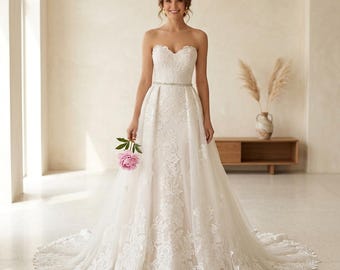Sweetheart Lace Wedding Dress, Mermaid Bridal Gown, Beaded Applique Dress with Detachable Train, Lace Up Back