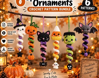 May include: Six crochet spiral Halloween ornaments featuring a ghost with a hat, a pumpkin, a black cat, candy corn, a Frankenstein monster, and a bat. The text reads 6 Spiral Halloween Ornaments Crochet Pattern Bundle 6 Patterns.