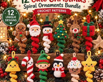 May include: A collection of 12 crochet patterns for Christmas spiral ornaments, featuring designs like a gingerbread person, Santa, snowman, tree, reindeer, gift, bell, candy cane, elf, penguin, cupcake, and star, all with cute faces.