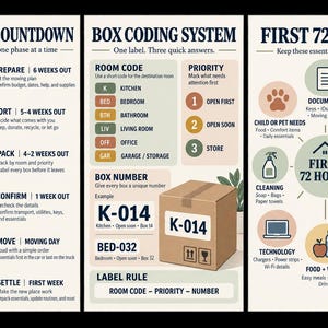 May include: An infographic titled Move-In Countdown, Box Coding System, and First 72 Hours. It features a six-step moving timeline, a box labelling guide with room codes and priority numbers, and a checklist of essential items for the first three days.