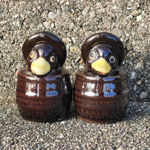 Ducks in a Brown Barrel Salt and Pepper Shakers, Vintage Ceramic Collectible Tableware from Japan, Birds in Barrels Shaker Set