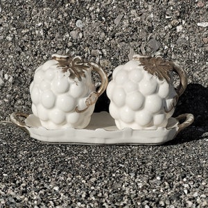 Vintage White Grape with Gold Accents Salt and Pepper Shakers with Tray, 3 Piece Shaker Set, Ceramic Collectibles, Mid Century Kitchen