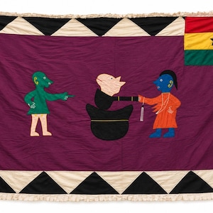 May include: A rectangular textile flag featuring a deep purple field with a black and white triangular border. The design includes a green figure, a central pale head emerging from a black pot, and a blue figure in an orange robe, with the Ghana flag.