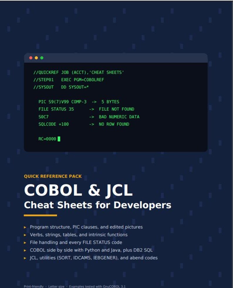 May include: A dark blue informational graphic titled COBOL & JCL Cheat Sheets for Developers. It features a terminal window with code snippets like PIC S9(7)V99 COMP-3 and lists topics including program structure, file handling, and SQL codes.