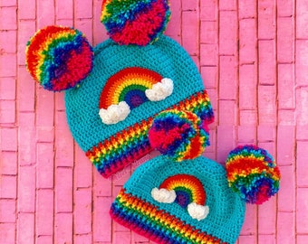 Rainbow Cloud Pom Pom Beanie, Colourful Kids Teen Adult Crochet Bobble Hat, Custom Colour Turquoise, Blue or Purple Knit Hat, Pom Pom Ears