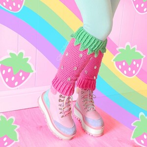 Strawberry Leg Warmers, Knee-High Kawaii Leg Warmers, Custom Colour Crochet Ankle Warmers, Fairy Kei Girls Leg Warmers, Sweet Lolita Style
