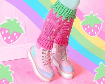 Strawberry Leg Warmers, Knee-High Kawaii Leg Warmers, Custom Colour Crochet Ankle Warmers, Fairy Kei Girls Leg Warmers, Sweet Lolita Style