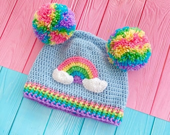 Pastel Rainbow Cloud Double Pom Pom Beanie, Kawaii Crochet Bobble Hat, Baby Pink or Light Blue Unisex Kids Teen & Adult Knit Hat, Pom Ears