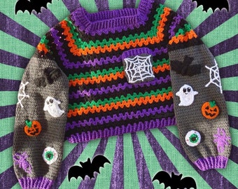 Cropped Spooky Season Sweater, Halloween Themed Crochet Jumper, Creepy Cute Sweatshirt, Gothic Knit Crop Top, Psychobilly Striped Sweater