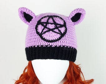 Witchy Kitty Beanie, Cat Ear Pentagram Hat, Spooky Cute Pussycat Hat, Pastel Goth Headwear, Lilac Black Custom Colour Cat Lady Knit Beanie