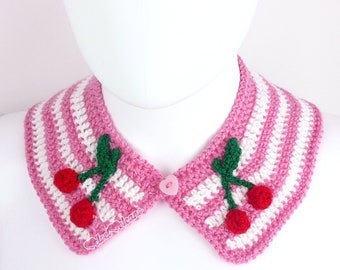 Cherry Stripe Peter Pan Collar, Ice Cream Faux Collar, Sweet Lolita Collar, Pastel Crochet Removable Collar, Fairy Kei Kawaii Womens Collar