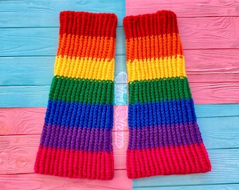 Rainbow Flared Leg Warmers, Striped Fluted Boot Covers, Colourful Crochet Ankle Warmers, Womens Kawaii Chunky LGBTQ Pride Knit Leg Warmers,