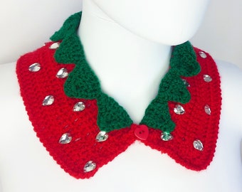 Strawberry Collar, Red & Green or Custom Colour Peter Pan Collar, Crochet Berry Collar, Sparkly Fruit Collar, Cottagecore Kawaii Accessory