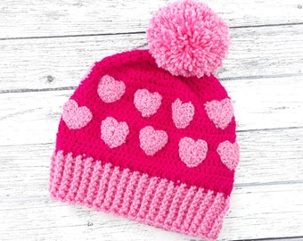 Heart Beanie with Pom Pom, Crochet Bobble Hat with Love-Heart Print, Custom Colour Knit Winter Hat, Kawaii Lovecore Cute Pink Acrylic Beanie