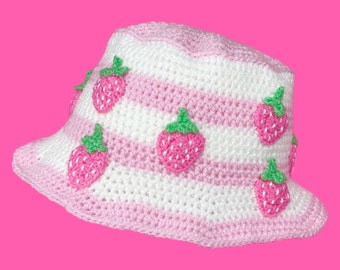 Strawberry Stripe Bucket Hat, Stripy Crochet Sun Hat, Pastel Aesthetic, Pink Striped Summer Hat, Kawaii Festival Hat, Cottagecore Fruit Hat